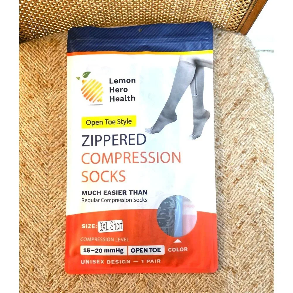 Lemon Hero Zippered Compression Socks Open Toe 15-20mmHg 3XL Short New